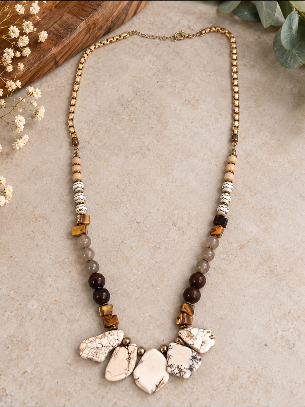 Boho White Marbled Stone Mixed Bead Statement Necklace Gold Tone